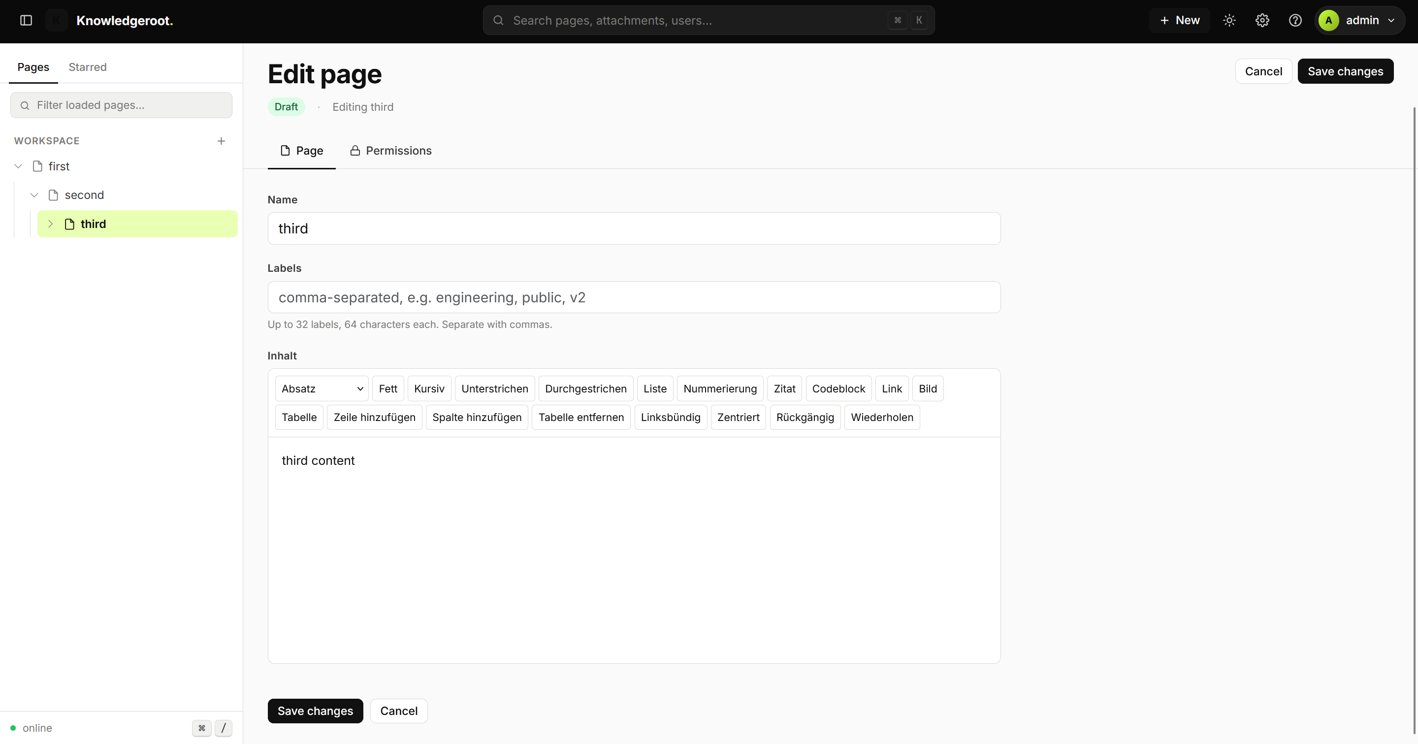 Editor with Content and Permissions tabs